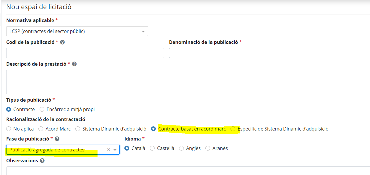 Selection of the option Contract based on Framework Agreement for aggregate publication of contracts